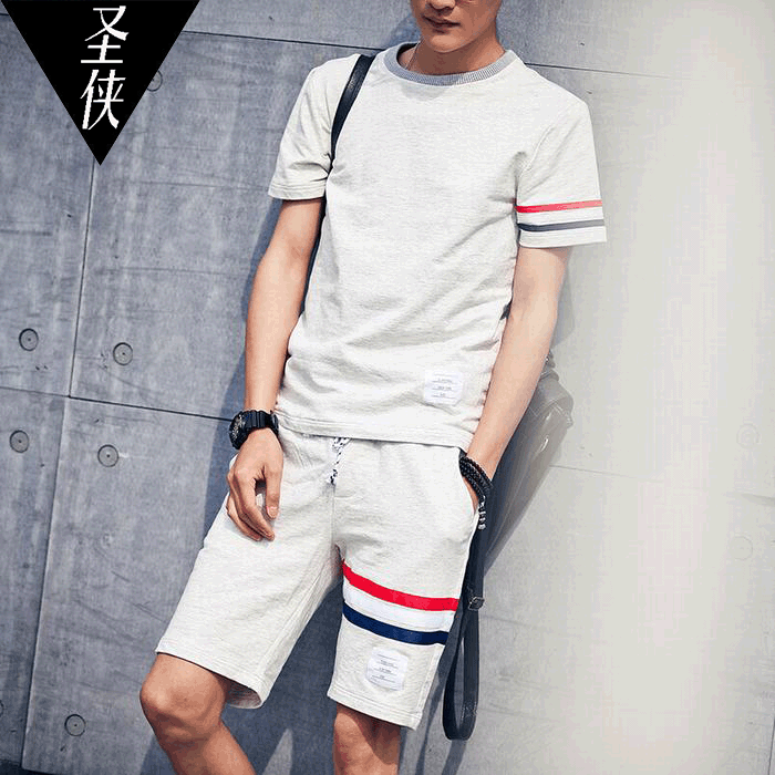 圣侠 青少年韩版流行男装夏季撞色彩条纹绣花纯色文艺短袖T恤套装