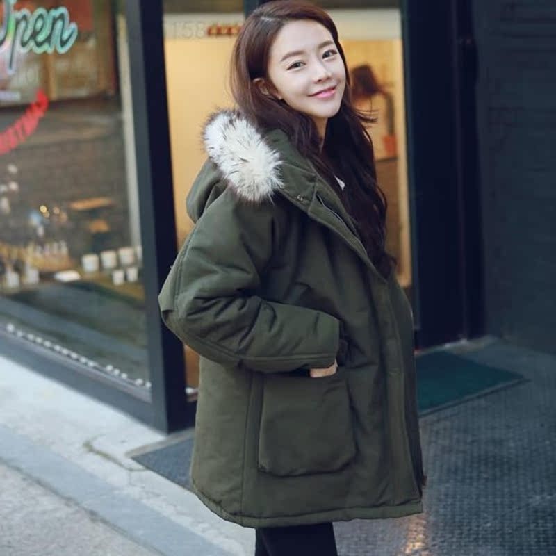 2015冬季新款韩版宽松大码工装棉衣女中长款加厚学生毛领连帽棉服