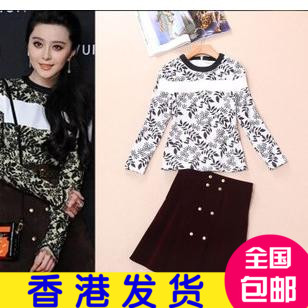 香港代购2016年秋冬女装新范冰冰明星同款印花T恤+丝绒半裙套装