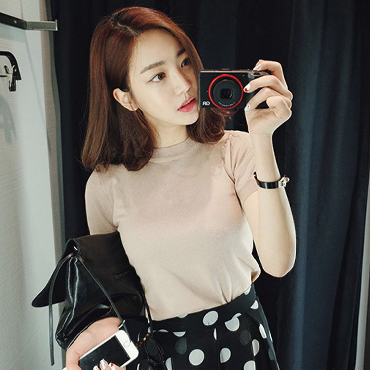 2016夏季新款韩版女装半高领短袖针织衫女修身紧身薄款打底套头衫