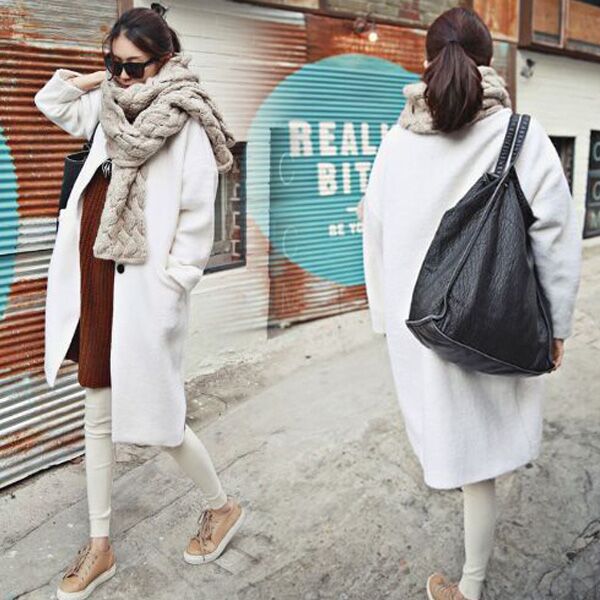 韩版学院风宽松显瘦白色简约中长款羊毛呢子大衣女 毛呢外套新品折扣优惠信息