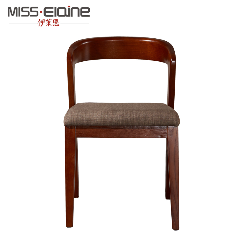 伊莱恩北欧水曲柳实木布艺餐椅咖啡厅桌椅组合 胡桃色靠背椅子