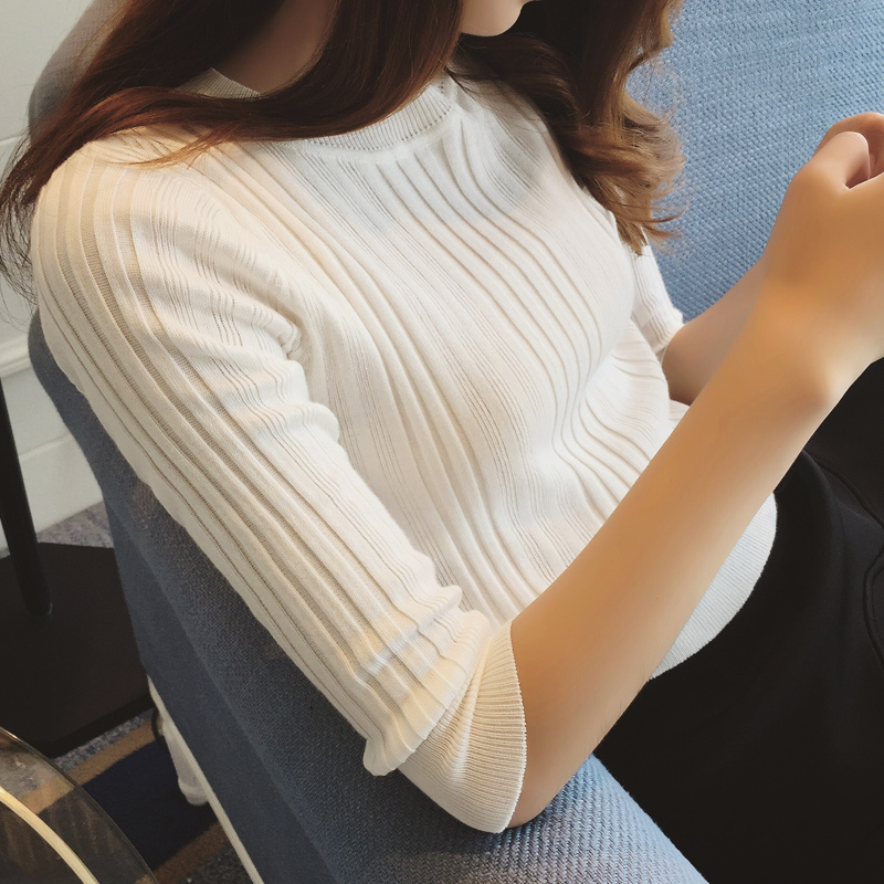 2016秋季新款韩版半高领中袖针织衫修身显瘦套头五分袖毛衣打底衫