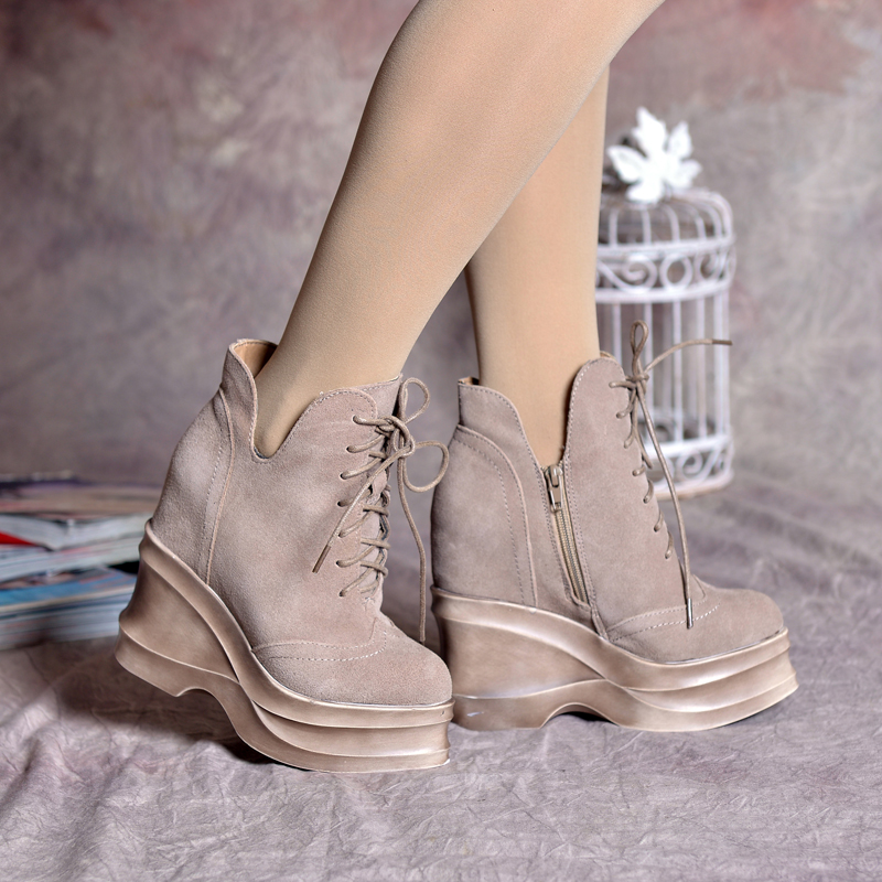 2015冬季新款女鞋坡跟内增高短靴复古超高跟磨砂真皮女靴子13cm