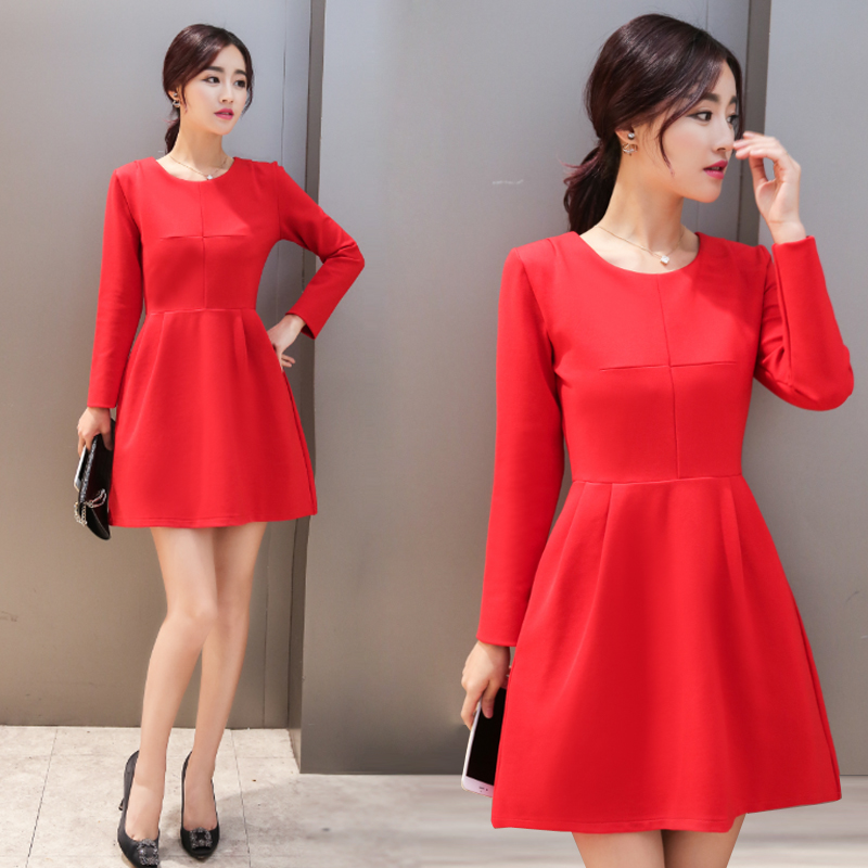 2015秋季新款明星同款连衣裙红色裙女显瘦气质修身加厚秋装打底裙