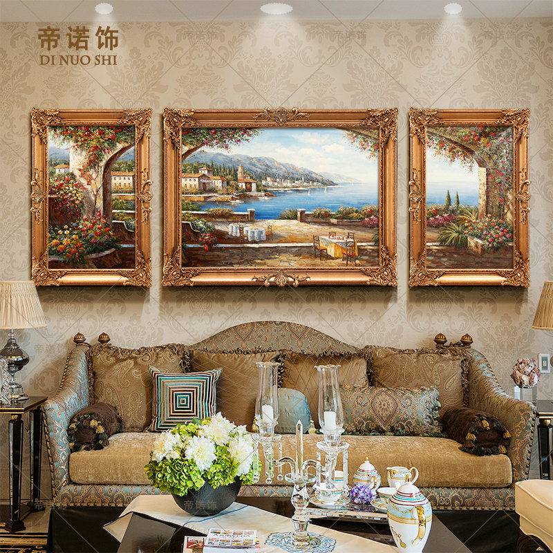 欧式花卉古典油画装饰画现代客厅纯手绘油画三联有框美式组合油画