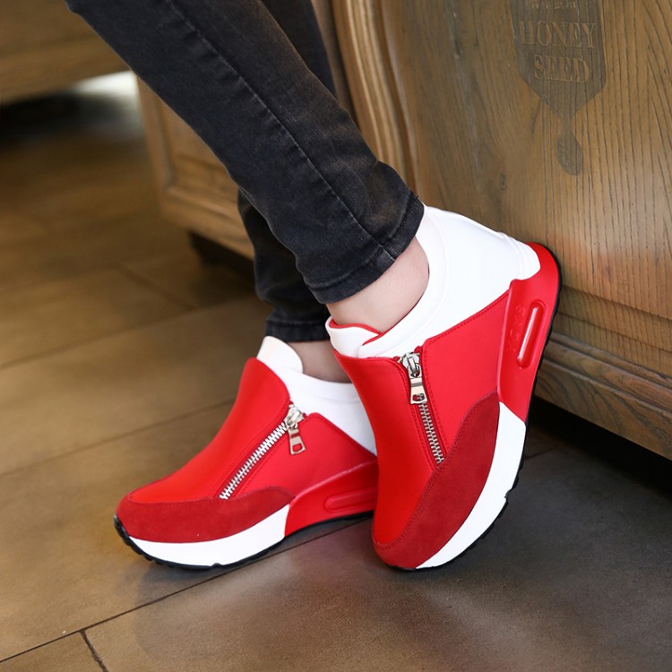2016秋季韩版拉链学生运动鞋内增高高帮休闲鞋女 红色跑步鞋单鞋