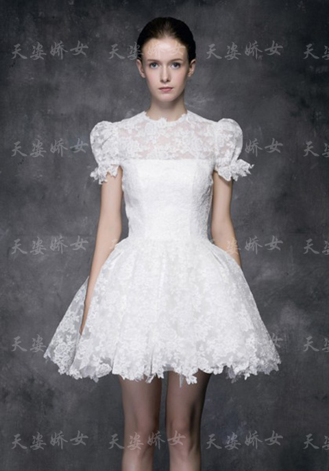 2017韩版新款高领优雅复古短款小礼服结婚婚纱礼服可爱公主蓬蓬裙