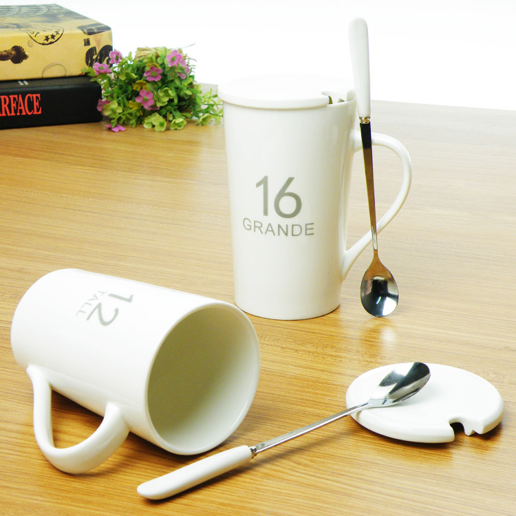 简约陶瓷杯子带盖带勺子 大容量喝水杯马克杯咖啡创意情侣杯定制