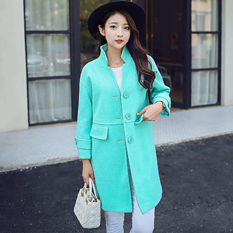 2015新款韩版立领九分袖毛呢外套女士中长款单排扣呢子大衣韩国