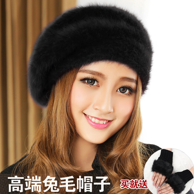 冬季帽子女时尚贝雷帽女韩版画家帽保暖可爱兔毛针织毛线帽女韩国