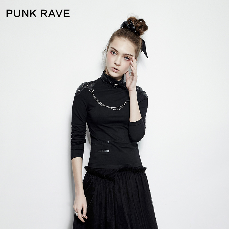 PUNK RAVE设计师品牌春季新品 朋克风个性拼接高领纯色长袖T恤女