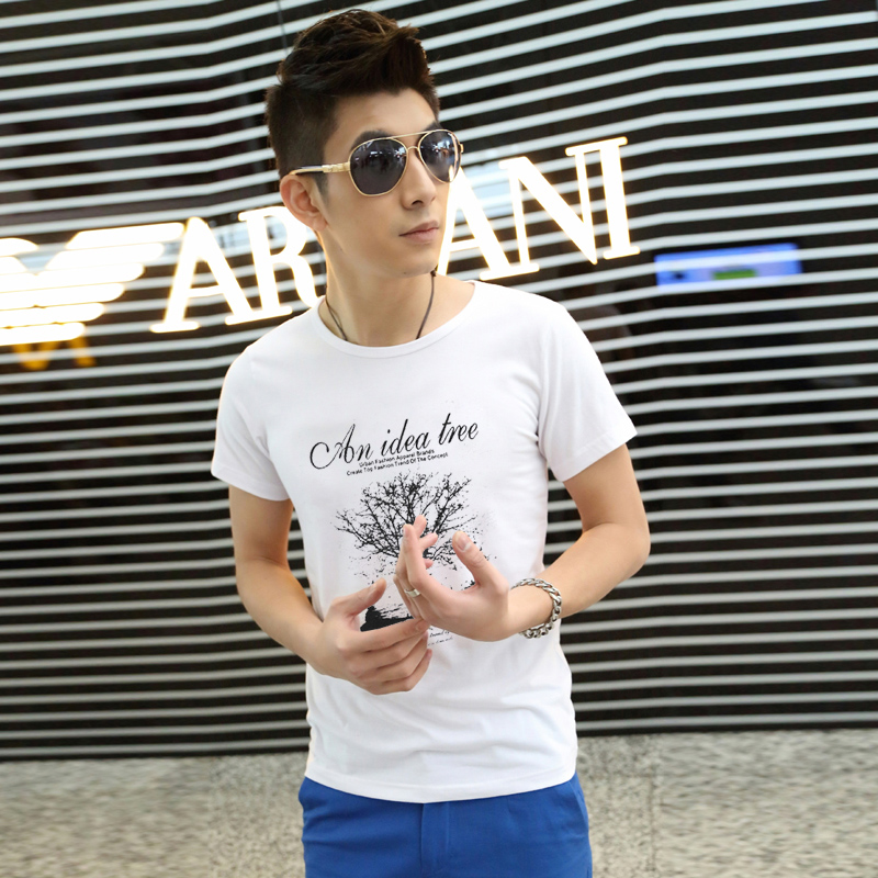 风森2015夏季新款韩版个性男士小树印花休闲短袖t恤潮流青少年