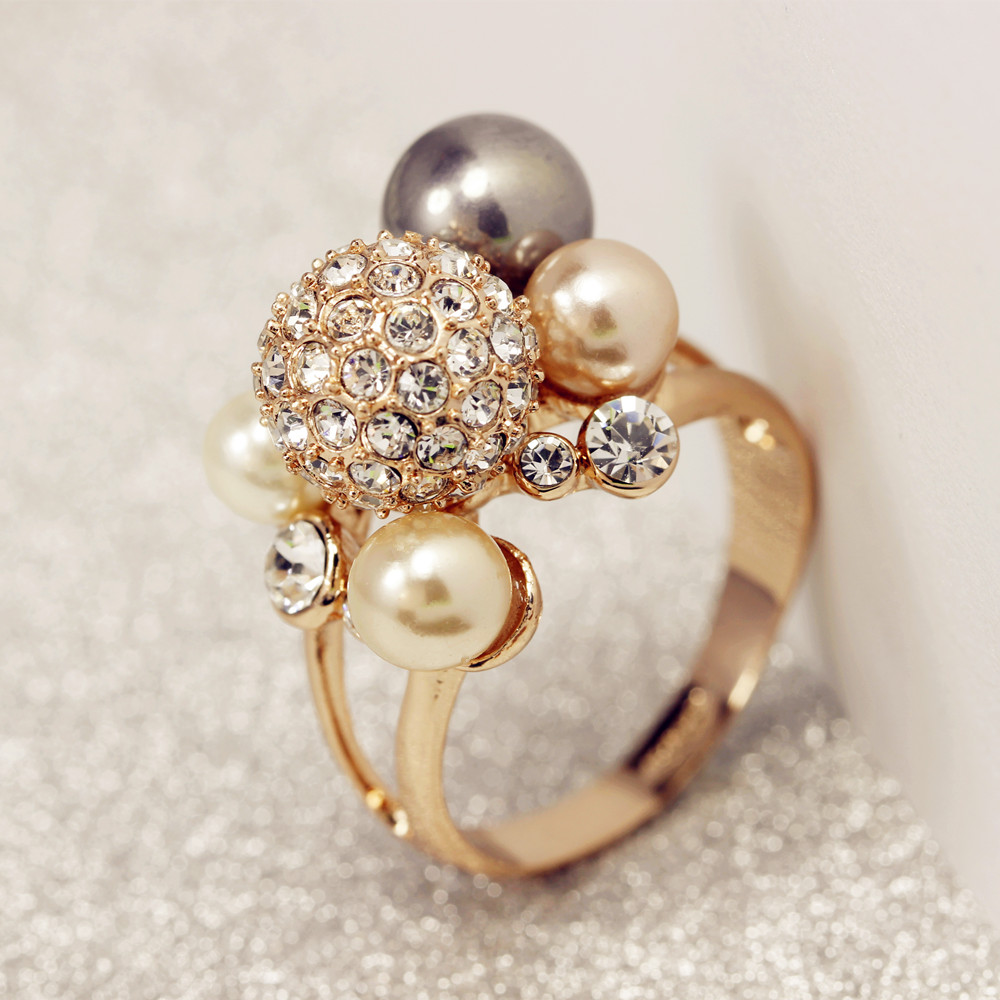 韩流新款时尚珍珠镶钻大牌食指戒指女款韩国镀玫瑰金戒指指环
