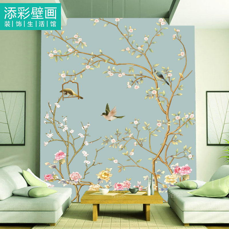 新中式背景墙纸定制小清新蓝色花鸟图案壁纸墙布大型整幅横幅壁画折扣优惠信息