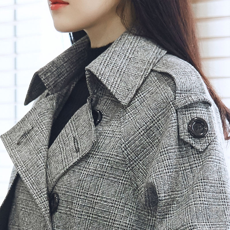 2016秋季新款韩版双排扣风衣女中长款时尚休闲大衣大码格子外套潮