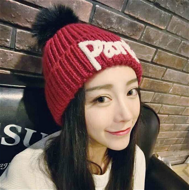 新款韩国纯色字母贴布潮女帽兔毛球针织毛线帽卷边 冬款帽子女 潮