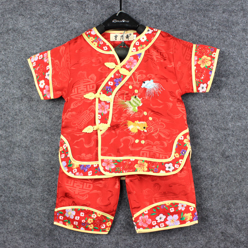 厂家直销女童唐装红色演出服周岁礼服夏季短袖童装套装复古婴幼儿
