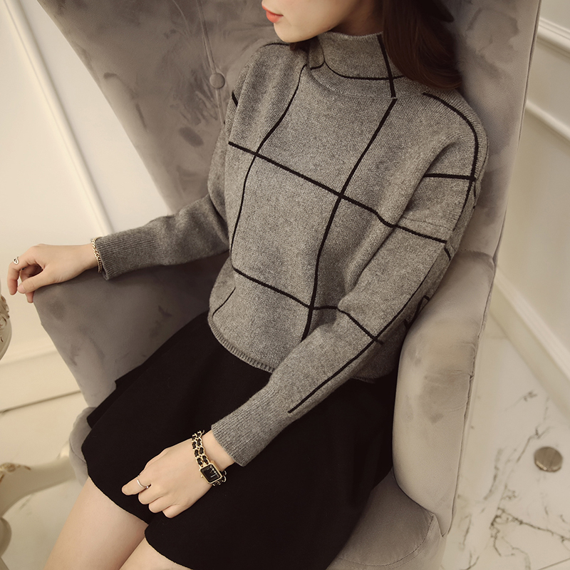 2016秋冬新款韩版超显瘦格子保暖高领毛衣针织打底衫女装