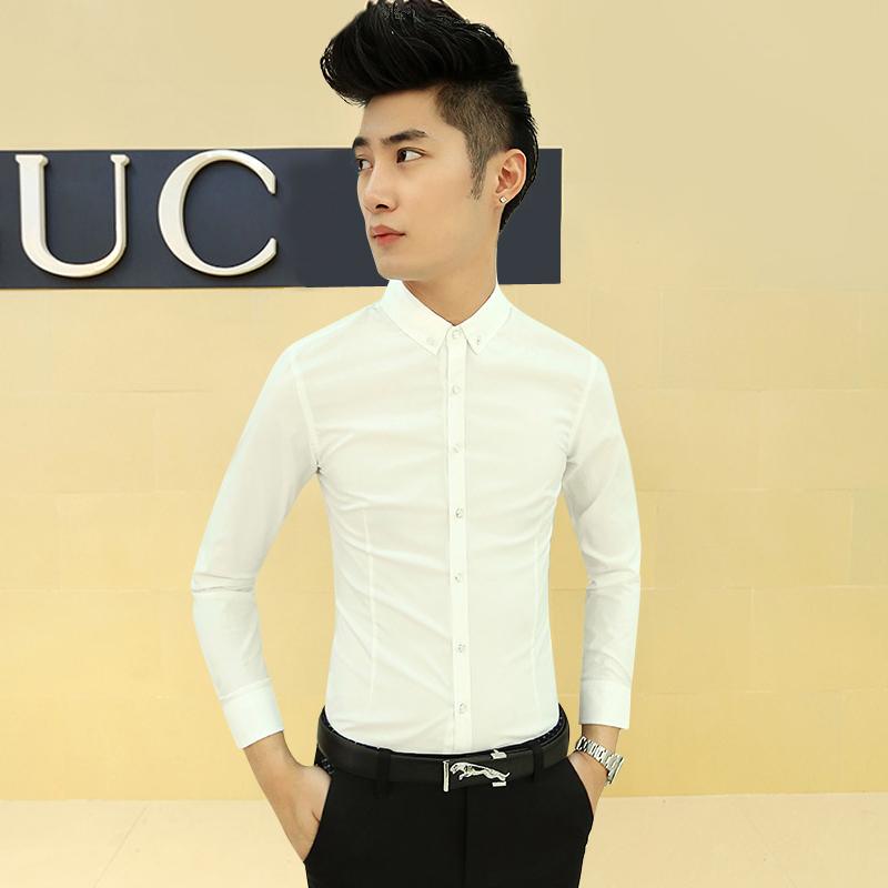 2015韩版男士长袖衬衫英伦修身夏季男装衬衣白色寸衫男薄款上衣潮