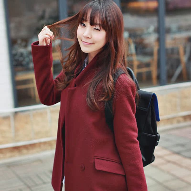 2015韩版秋冬新款大码显瘦中长纯色学生款毛呢大衣加厚呢子外套潮