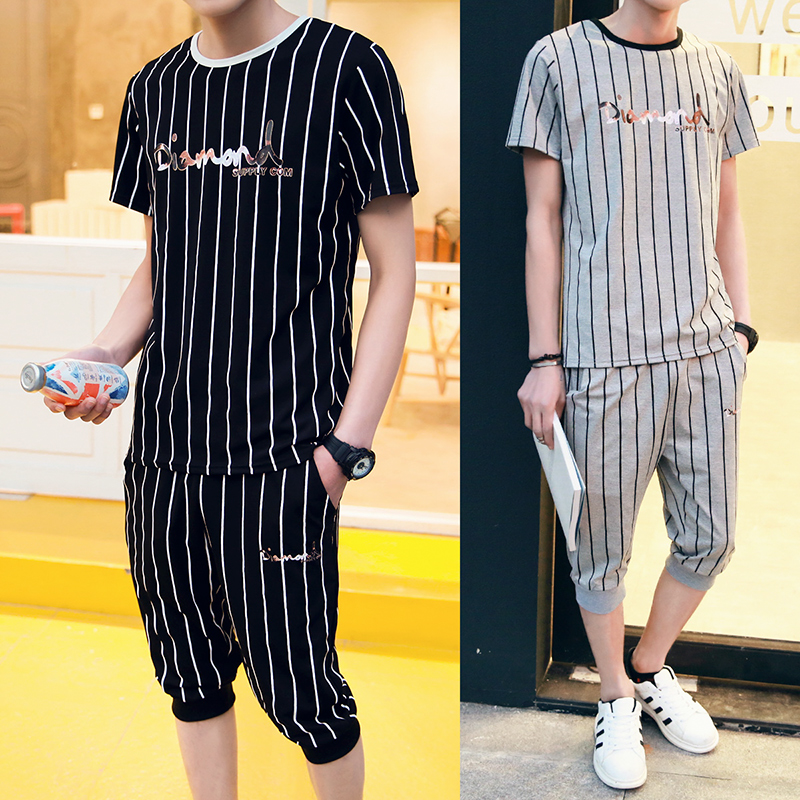 夏季韩版男士新款运动套装 青年条纹修身男休闲服短袖T恤潮男短裤