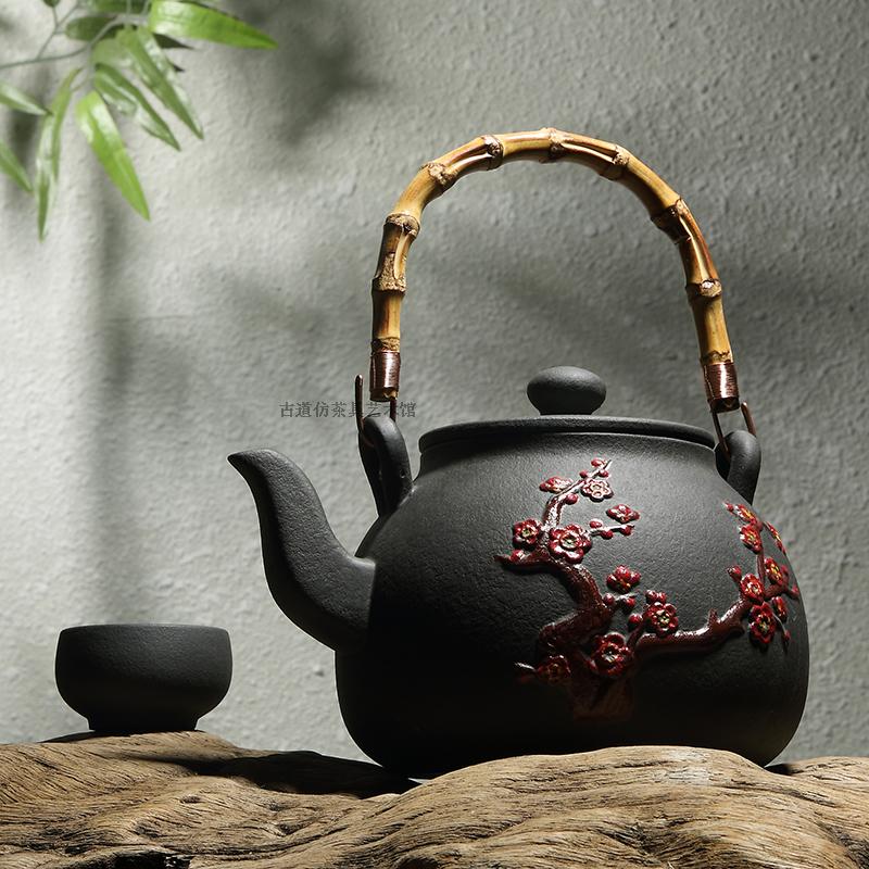 台湾功夫茶具火山石养生煮茶烧水壶手绘梅花竹提梁电陶炉专用陶壶