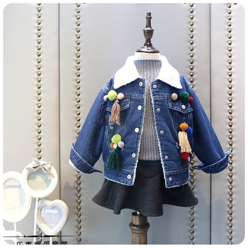 韩版童装2016秋冬季新款女童休闲时尚羊羔毛翻领牛仔外套