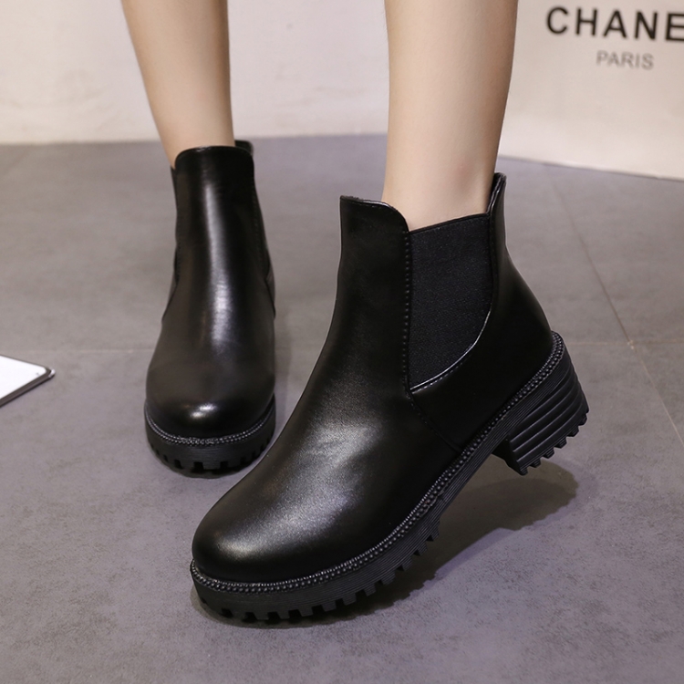 2015秋季新款欧美马丁靴圆头中跟粗跟短靴休闲中筒靴黑色漆皮女靴