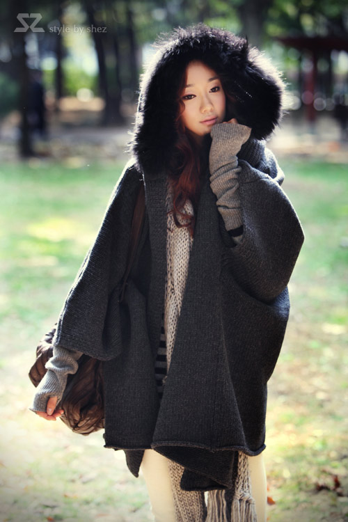 2014秋冬新款开衫韩版披肩带帽毛领百搭羊毛衫双排扣斗篷加厚外套