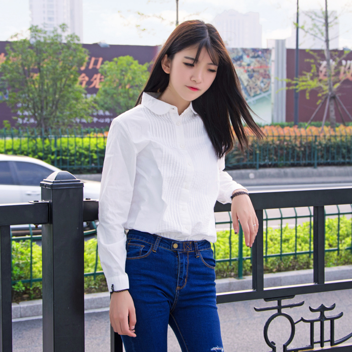 JYE就要二 2015秋季新款白色长袖衬衫风琴条纹褶皱衬衫弧形圆领女