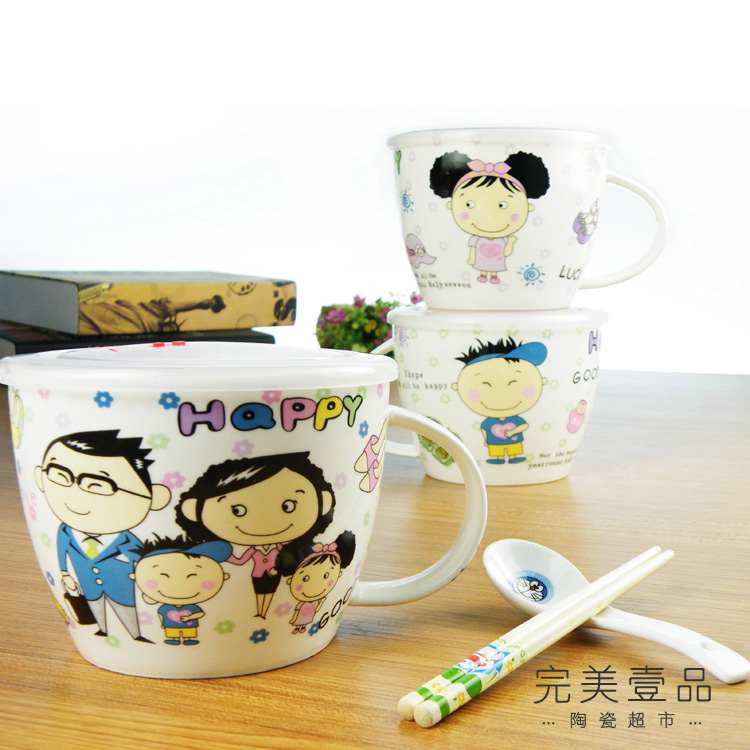 情侣陶瓷泡面碗日式餐具创意可爱卡通泡面杯汤碗套装大号带盖勺筷