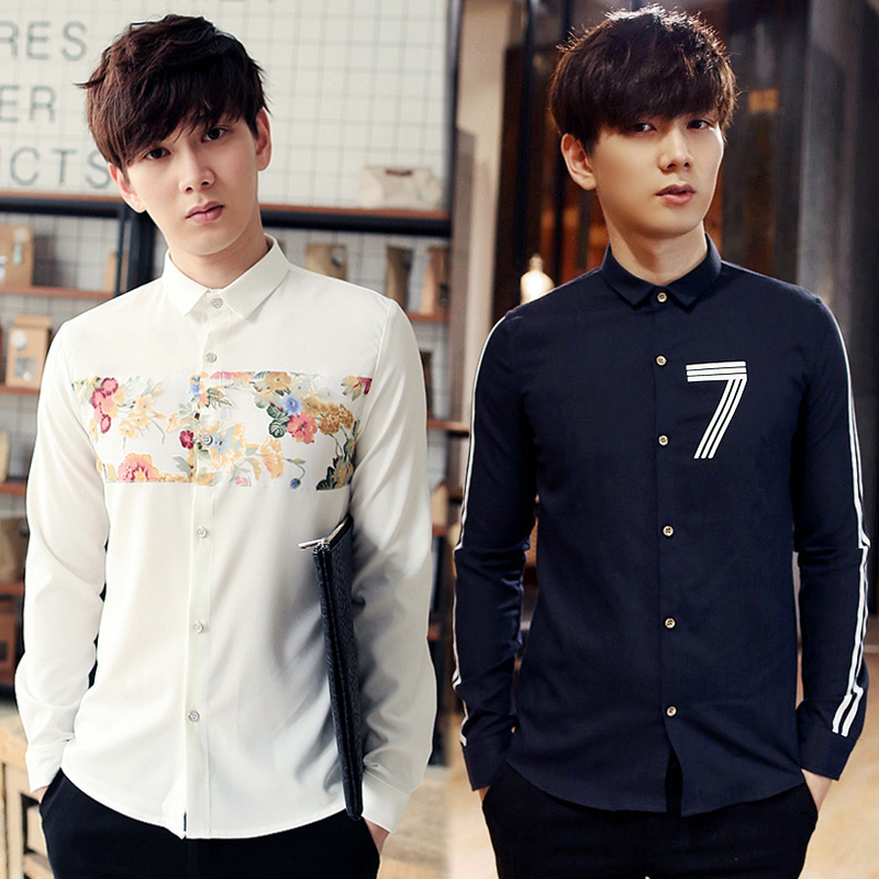 2015秋季新款韩版修身男士纯棉长袖衬衫商务休闲个性印花流行衬衣