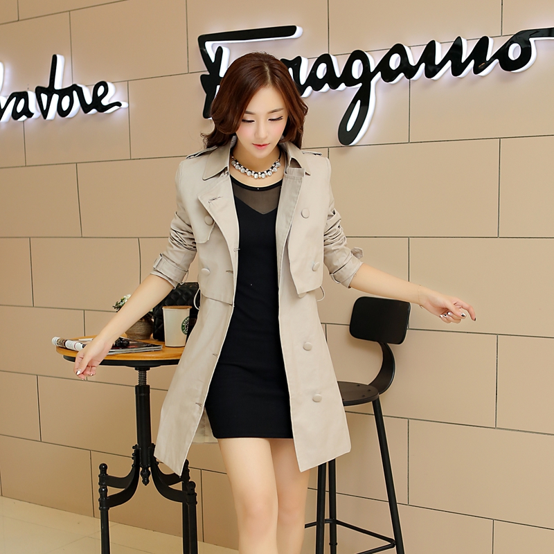 2015秋季新款女式外套 韩版修身中长款双排扣 两件套风衣外套女
