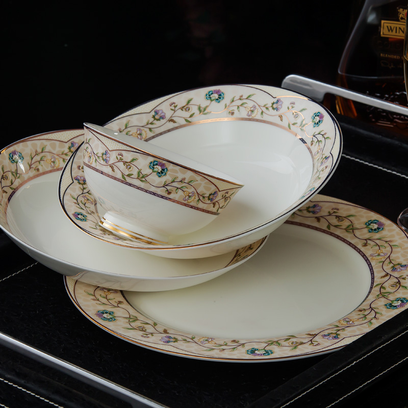 新品器形 古典出口级骨瓷60头描金餐具套装 创意碗盘碟蕙兰