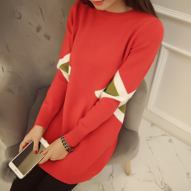 2015秋冬韩版新款女装中长款针织衫女套头中长款纯色针织衫