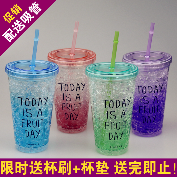 韩国创意夏日冰杯双层吸管杯星巴克杯子成人制冷水杯碎冰杯冰酷杯折扣优惠信息