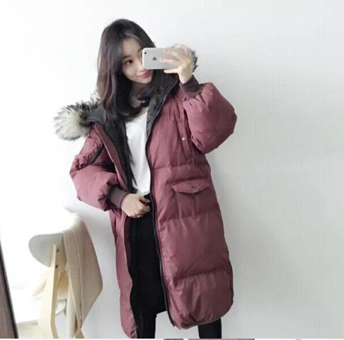 韩国东大门代购2015冬季宽松大码羽绒服超大毛领棉衣女中长款加厚
