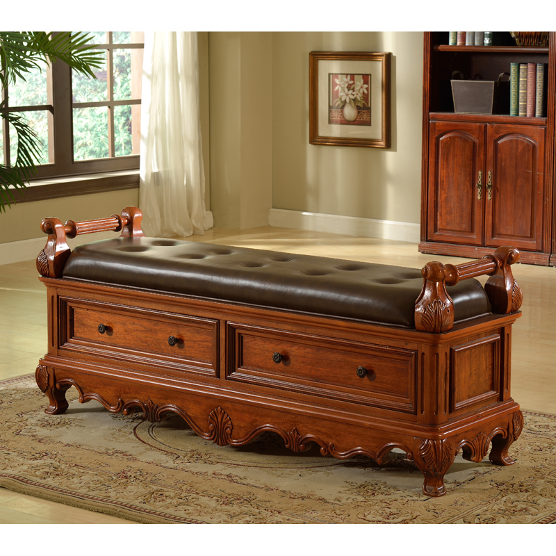美式卧室床尾凳 美式实木床尾凳 欧式实木床尾凳子真皮凳子2斗柜