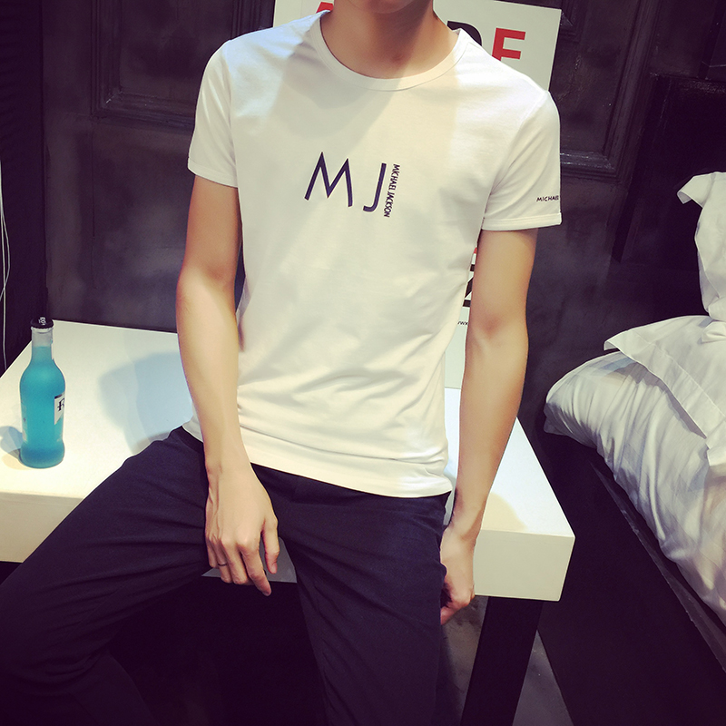 港风短袖t恤男装日系个性MJ字母印花迈克尔杰克逊修身圆领大码T恤