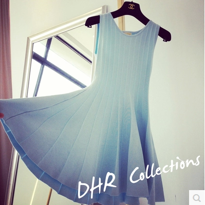 DHR 2015春夏新款韩国代购修身名媛气质百褶重磅无袖针织连衣裙仙