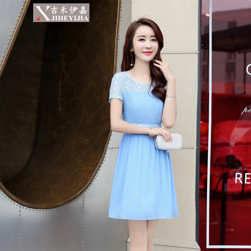 吉禾伊嘉2016夏装新款女装时尚韩版纯色雪纺连衣裙镂空短袖修身