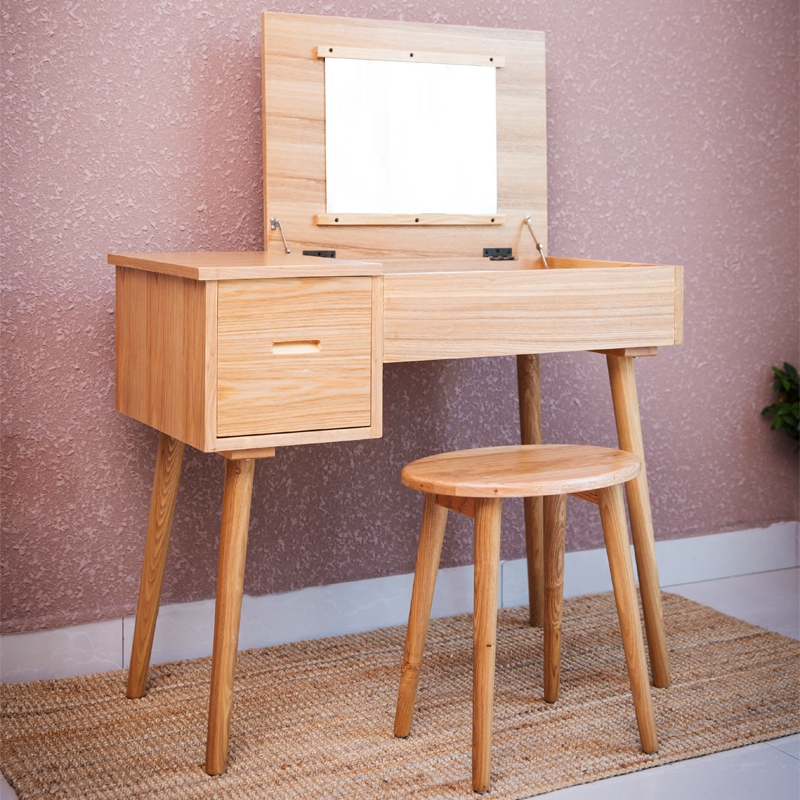 全实木梳妆台化妆桌带凳子可折叠日式现代简约小户型卧室收纳柜