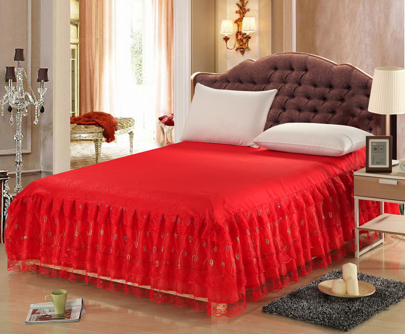 韩版婚庆大红色结婚蕾丝床裙席梦思床罩单件床单床笠1.5 1.8 2米折扣优惠信息