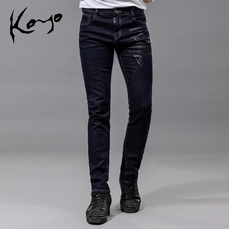 KOYO2015年秋冬新品骷髅头字母时尚印花牛仔男装小直筒修身牛仔裤