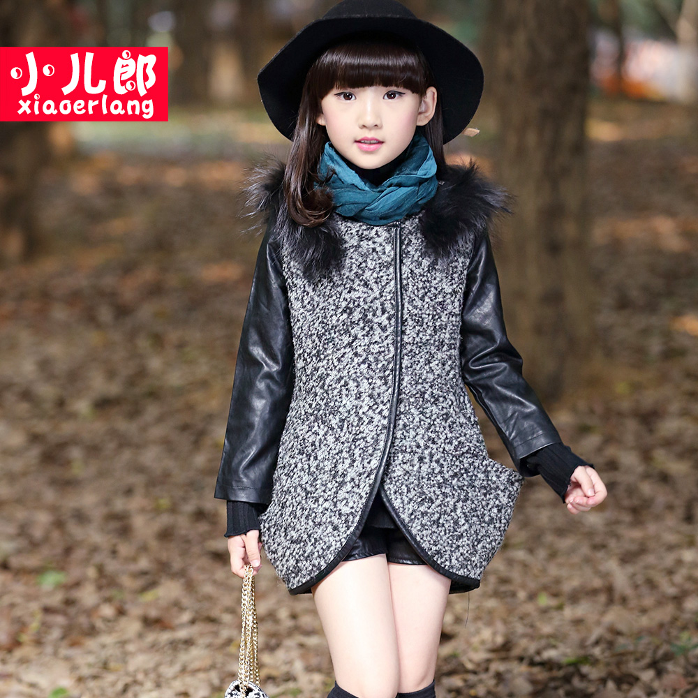 童装2015新款冬装女童毛呢外套儿童韩版毛领风衣拼接皮袖呢子大衣