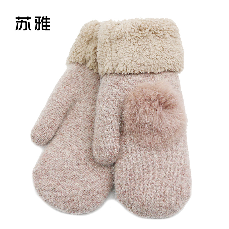 苏雅 爆款100%羊毛手套 女士超厚保暖兔毛球双层加厚连指女手套