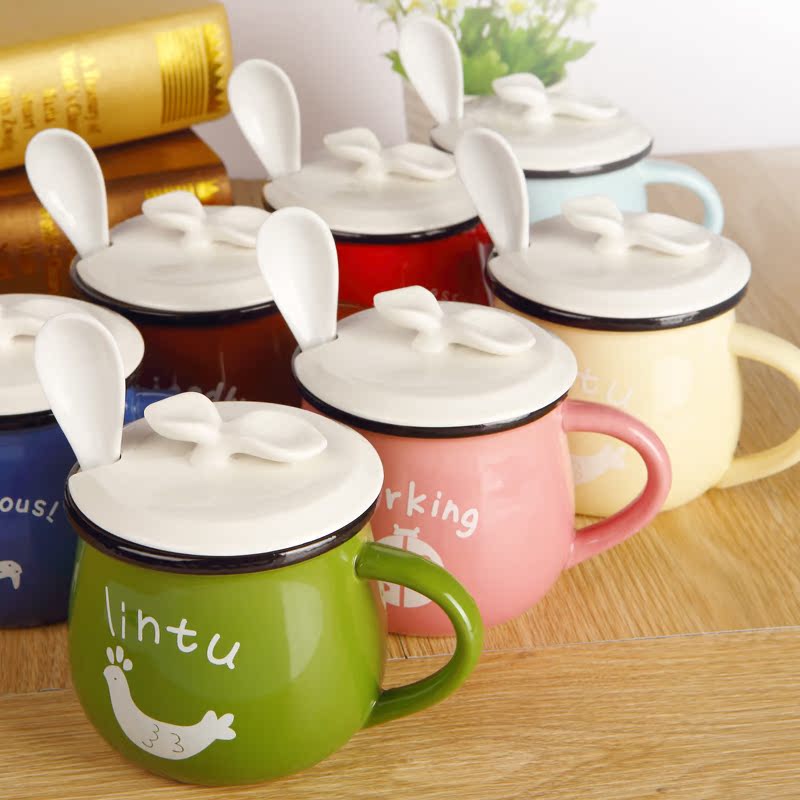 陶瓷杯子带盖创意简约咖啡杯勺马克杯儿童牛奶杯情侣水杯早餐杯折扣优惠信息