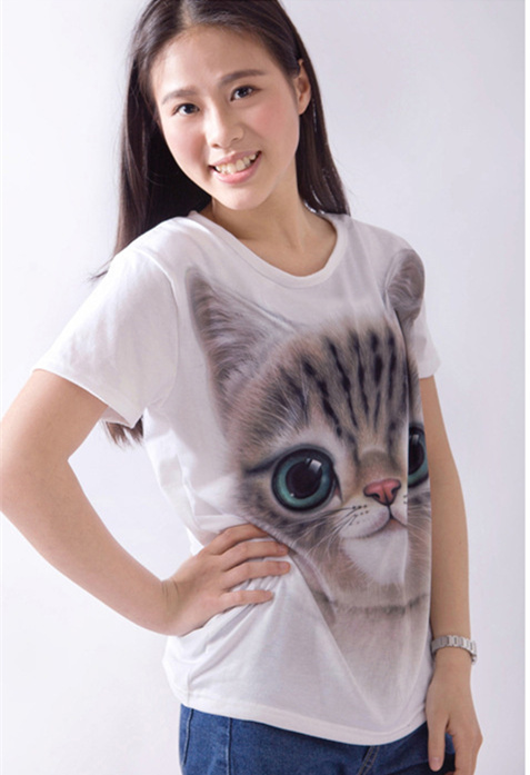 日韩原创学院风3D版立体印花搞怪喵星人猫咪脸动物女款短袖T恤折扣优惠信息