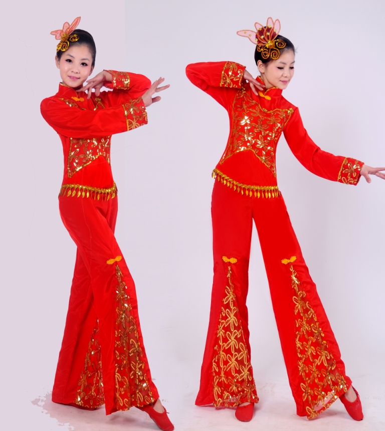 2015新款民族秧歌服舞台表演舞蹈演出服装女装腰鼓扇子广场舞服装